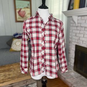 Talbots Shirt Womens P Red Plaid ruffle Button Up Long Sleeves Detail Small P